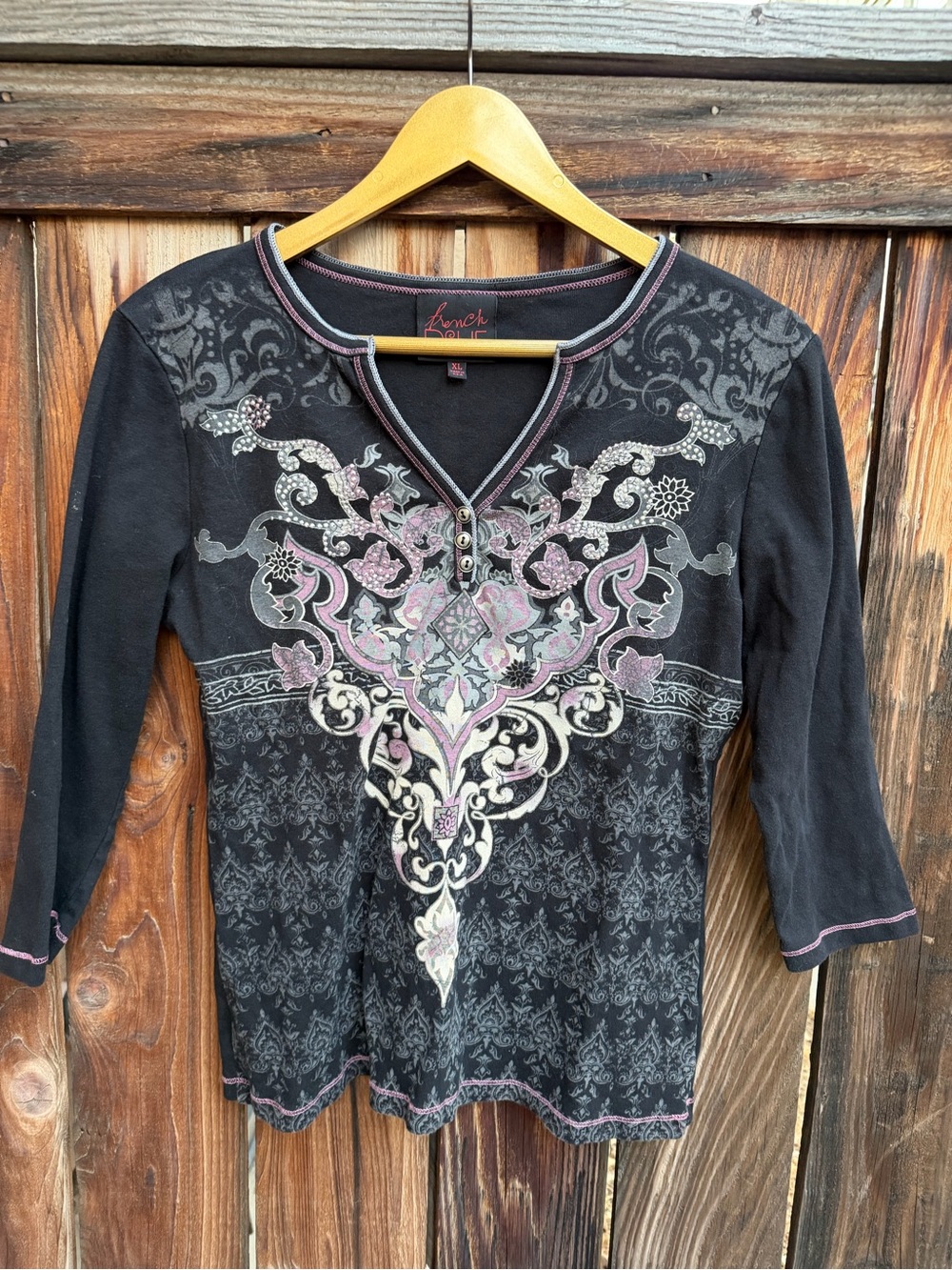 Vintage Y2K French Blue Rhinestone Graphic Henley Top